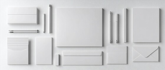 Minimalist stationery set with pens, envelopes, and paper on a white surface