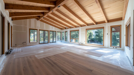 A home interior during its renovation phase, featuring EPS insulation laid out in geometric precision, with wooden beams and an abundance of natural light from large windows.