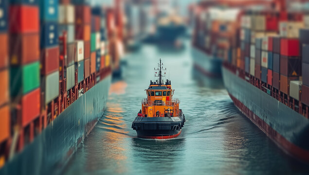 small tug boat pulling large cargo ships, tilt-shift photography 