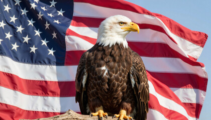 Naklejka premium Bald eagle perched against American flag