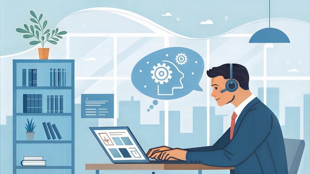 Businessman working on a laptop with AI-powered language models, demonstrating advanced natural language processing and AI chat systems. (ai)