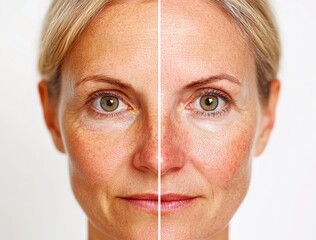 A woman's face is shown before and after undergoing a cosmetic procedure, highlighting the effects of plastic surgery