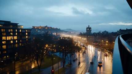 Edinburgh city skyline at night, rain