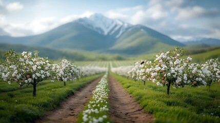 Fototapeta premium A picturesque apple orchard path leads to snow-capped mountains