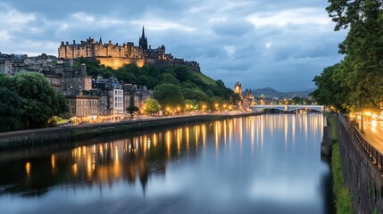 Fototapeta premium Edinburgh castle by the river at twilight