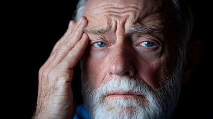 Close Up Portrait of a Sweaty Elderly Man with a Grey Beard Touching His Temple