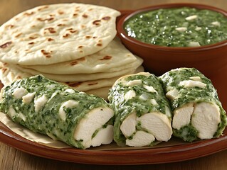 Delicious meal consisting of chicken spinach flatbread and dip