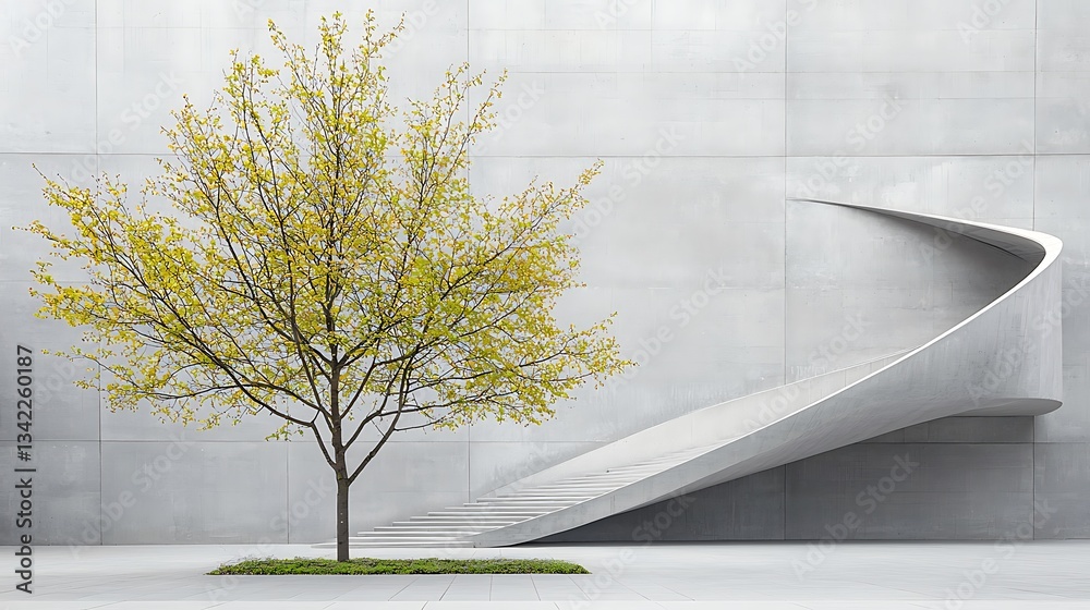 Poster a solitary autumn tree in front of a modern concrete architectural structure