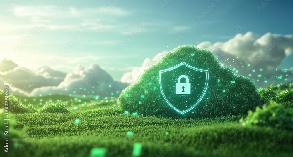 Aufkleber Green cloud computing security with shield and padlock protecting data flow
