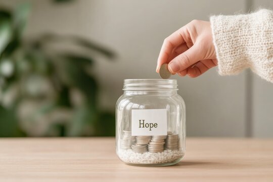 Hand placing coin in glass jar labeled Hope, symbolizing dreams