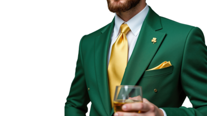 A man's torso in a dark green suit jacket with gold accents, holding a glass of amber liquid, highlighted against a transparent background.