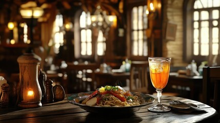 Rustic Restaurant Interior with Pasta Dish and Iced Tea Drinkware and Dining Tableware. Warm Lighting. Cozy Atmosphere. Appetizing Food. Delicious Meal. Gourmet Cuisine. Restaurant Interior Design