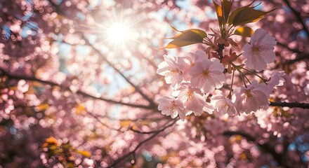 Fototapeta premium Blooming Cherry Blossoms with Sunlight Filtering Through Petals in Spring