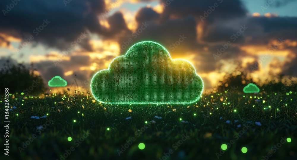 Poster green cloud computing symbol emerging from grass at sunset: modern digital technology