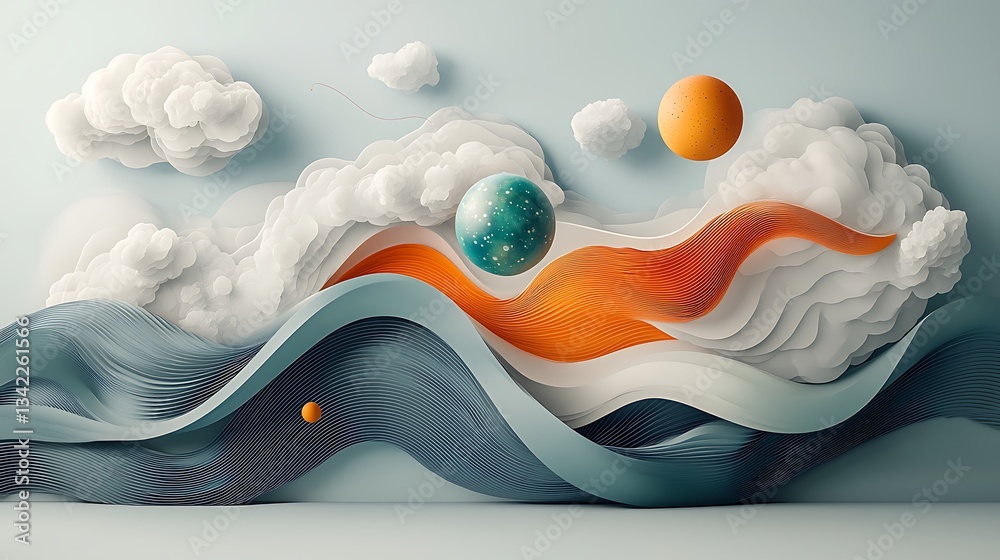Poster Abstract 3D scene with sculpted waves and clouds