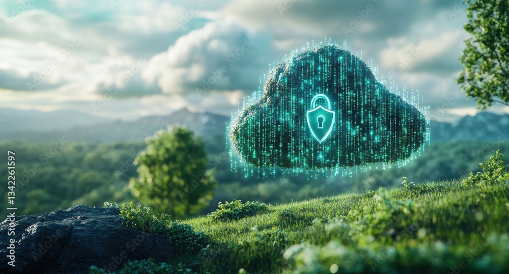 Poster cloud security protecting data streams over green landscape