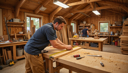Carpenter measuring wood in a workshop
