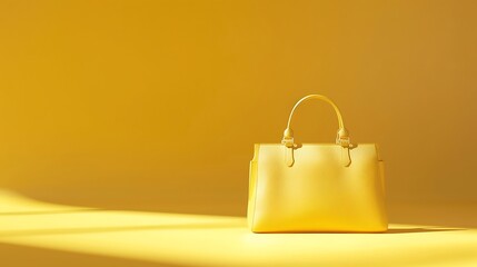 A high-quality 4K shot of a handbag placed on a solid yellow background, ultra-detailed lighting and reflections.