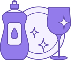 Colored Dish Soap Icon. Vector Illustration. Detergent, Plate, and Glass. Kitchen, Wash Dishes. Grocery Concept