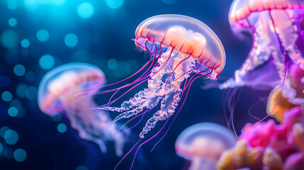 Obraz premium Pastel Glowing Jellyfish Underwater World
