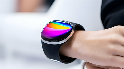 Closeup of a Futuristic Smartwatch with Vibrant Rainbow Holographic Display on a Wrist