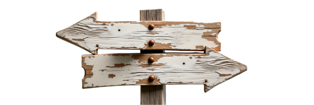 Weathered wooden arrow signpost pointing right and left, isolated on transparent background. Rustic direction, choice, path concept. Ideal for website and graphic design.
