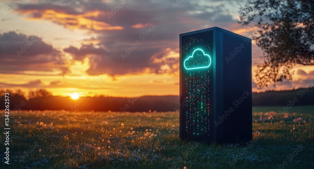 Poster Server tower in green field symbolizing cloud computing at sunset