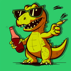 Cool dinosaur in vacation wearing sunglasses and drinking soda. Relaxed reptile holding a bottle of juice.