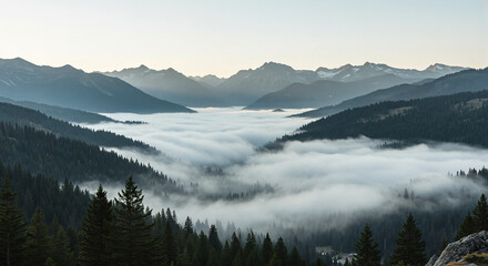 Fototapeta premium Valle neblinoso con montañas al fondo al amanecer, hermoso paisaje de montaña para fotografía