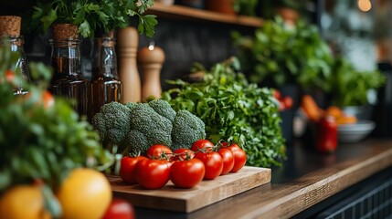 Close up of vibrant broccoli florets surrounded by fresh green vegetables detailed textured stems eco friendly organic produce and bright natural lighting on a rustic kitchen countertop