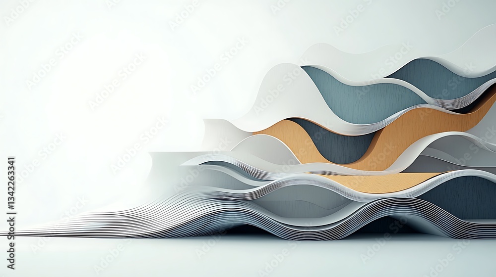 Poster abstract architectural scene with layered, wavy forms in soft colors