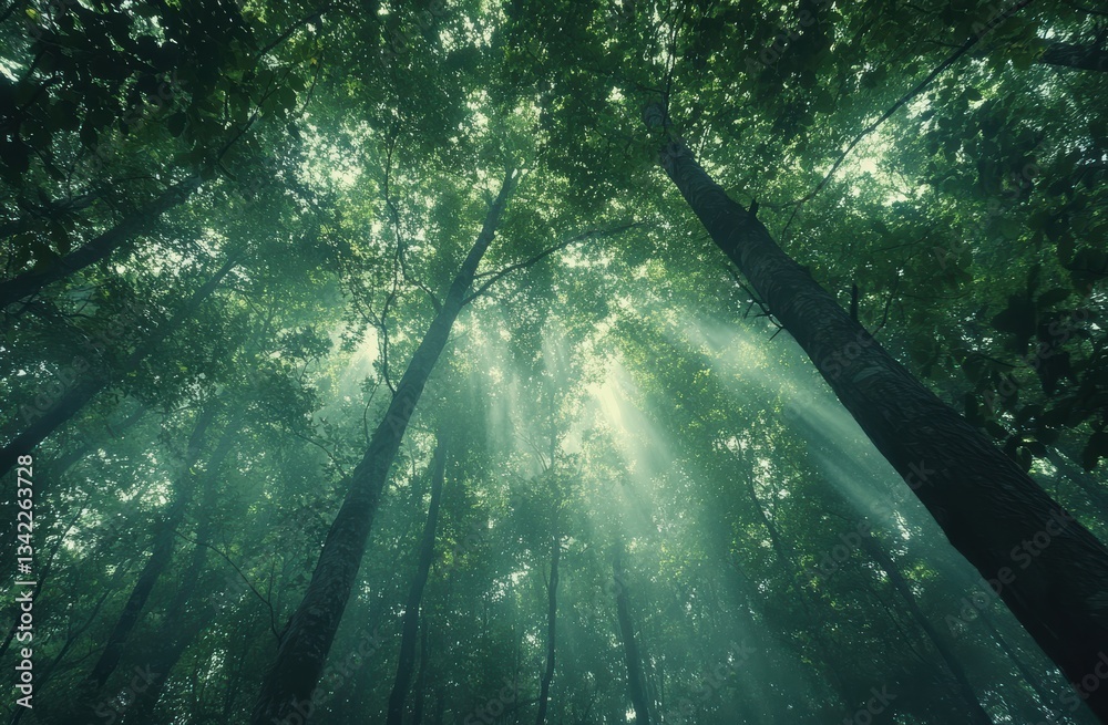 Poster Sunlight filtering through trees in lush green forest