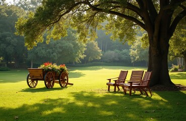 Tranquil landscaped garden features expansive lawn, mature tree, wooden chairs offering peaceful resting place. Charming flower cart with red flowers adds color, enhancing idyllic rural scene.