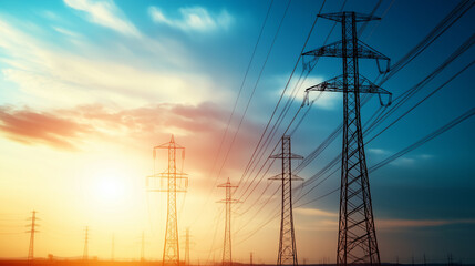 Fototapeta premium Electric pylons standing tall in a row, disappearing into the horizon, with power cables vibrating in the wind, symbolizing the expansion of electricity networks.