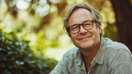 Portrait of middle age man with glasses, wearing a casual shirt, sitting in a park, smiling, natural light, greenery in background, relaxed atmosphere