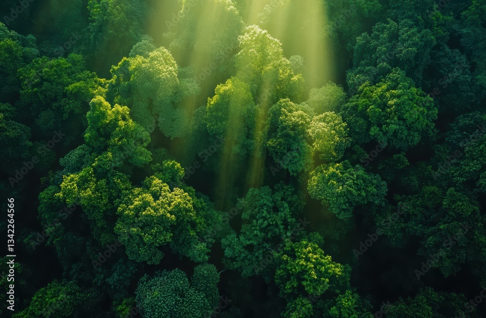 Poster Sunlight filtering through lush green forest canopy creating enchanting atmosphere