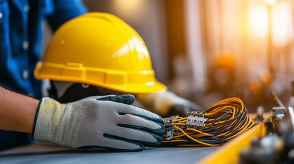 Close-up of a yellow hard hat, thick insulated gloves, and a bundle of electrical wiring on a workbench, representing safety in construction and electrical work.