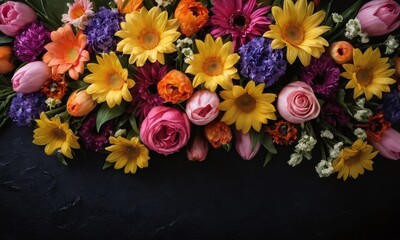 Obraz premium Colorful flower arrangement featuring various blooms in a vibrant display on a dark surface