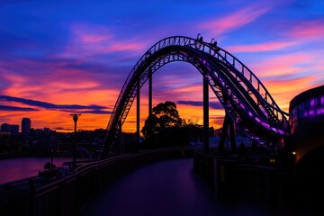 Obraz premium Sunset Thrills: Rollercoaster Against the Skyline at Six Flags, Overlooking the River and Bridge