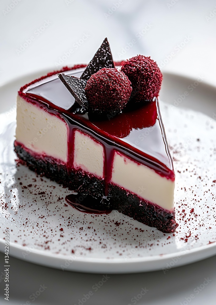 Poster Gourmet cheesecake with a rich berry topping and chocolate curls creating an enticing dessert experience : Generative AI