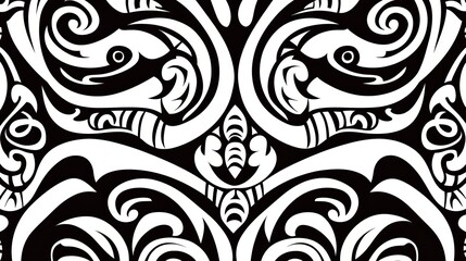 Fototapeta premium Abstract Fish Motif Black and White Pattern with Swirl Details
