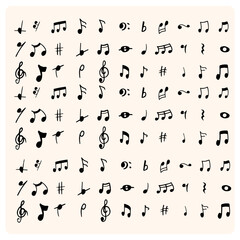 Music note sketch style. Doodle melody symbol set. 