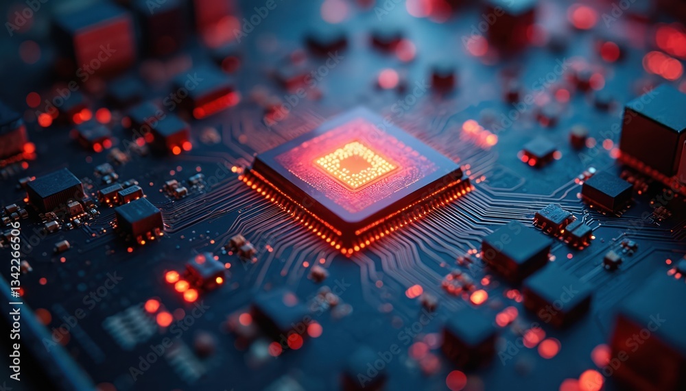 Poster Illuminated computer circuit board enhanced by generative AI. Red light highlights tech, innovation, electronic circuitry, digital network, motherboard, microchip, hardware components, software,
