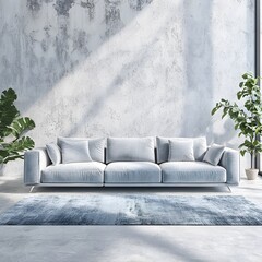 Modern Sofa in Minimalist Living Room with Green Plants and Rug