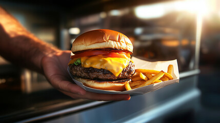 A close-up of a food truck window where a chef hands out a perfectly stacked burger with melting cheese and a side of crunchy fries.