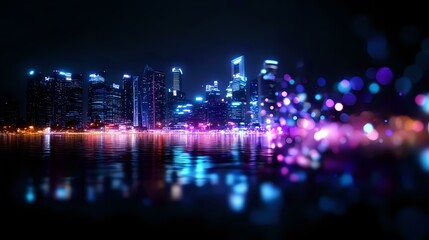 Obraz premium Modern cityscape at night with glowing lights reflecting on water surface, enhanced by vibrant purple and blue bokeh effects in foreground creating dreamy urban atmosphere.