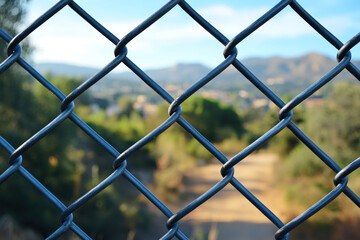 a metal grid that creates a barrier effect. The grid structure is very clearly visible in the foreground, while in the distance, through the gaps in the grid, a softly blurred landscape can be seen 