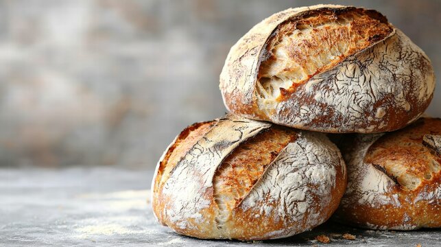 Pile of freshly baked no-knead artisan bread with a rustic appearance and natural texture on a plain background