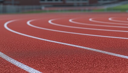 Red running track with white lanes curving towards a stadium
