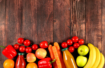 Healthy vegan products for a healthy lifestyle. Assortment of fruits, vegetables and natural juice...